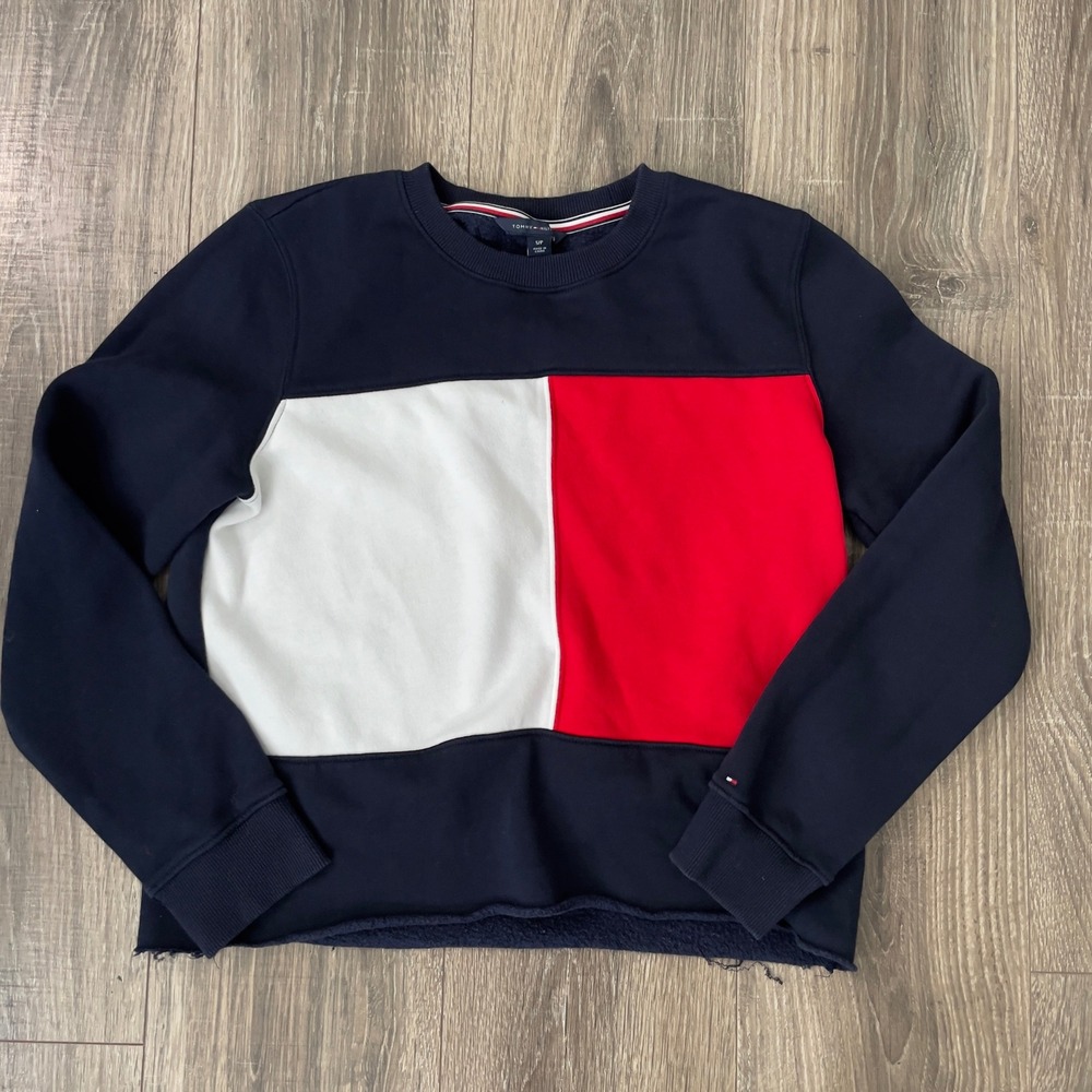 Tommy Hilfiger Womens Colorblock Fleece Sweatshirt Navy Blue Red White Small